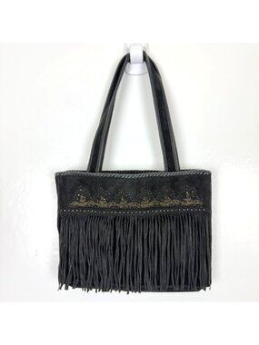 Cripple Creek Fringed Leather Shoulder Bag Black Beaded Studded Western Boho